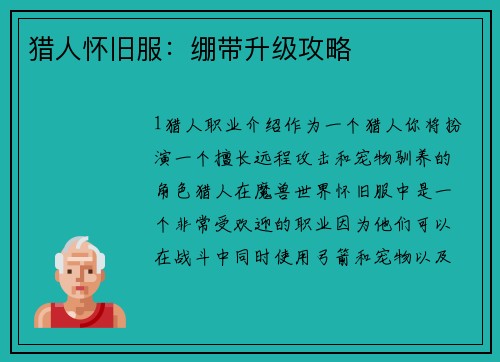 猎人怀旧服:绷带升级攻略