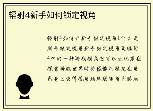 辐射4新手如何锁定视角